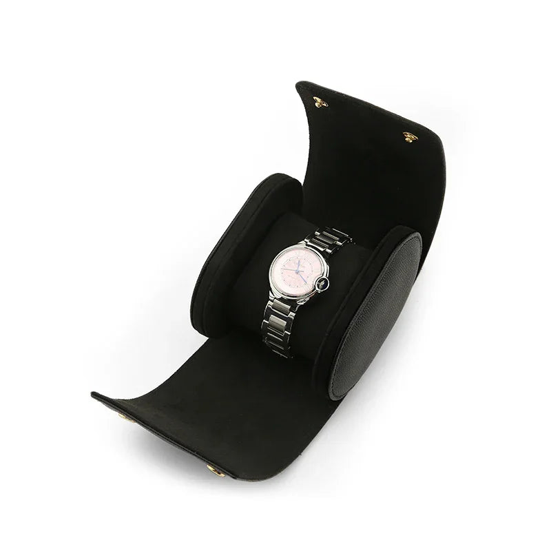 Black watch roll case display stand with a silver watch on a white background