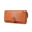 Tan leather wallet with snap button and zipper, premium craftsmanship for everyday use