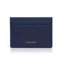 Navy blue lizard pattern leather cardholder on a white background