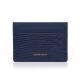 Navy blue lizard pattern leather cardholder on a white background