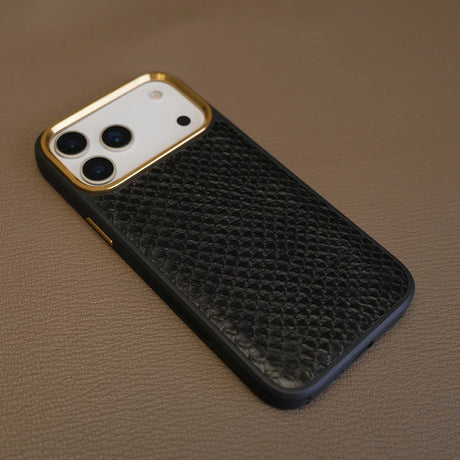 Detail shot of black python skin iphone 17 pro max case