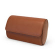 Closed Hiram Beron brown leather watch roll for two watches, studio shot on a clean white background