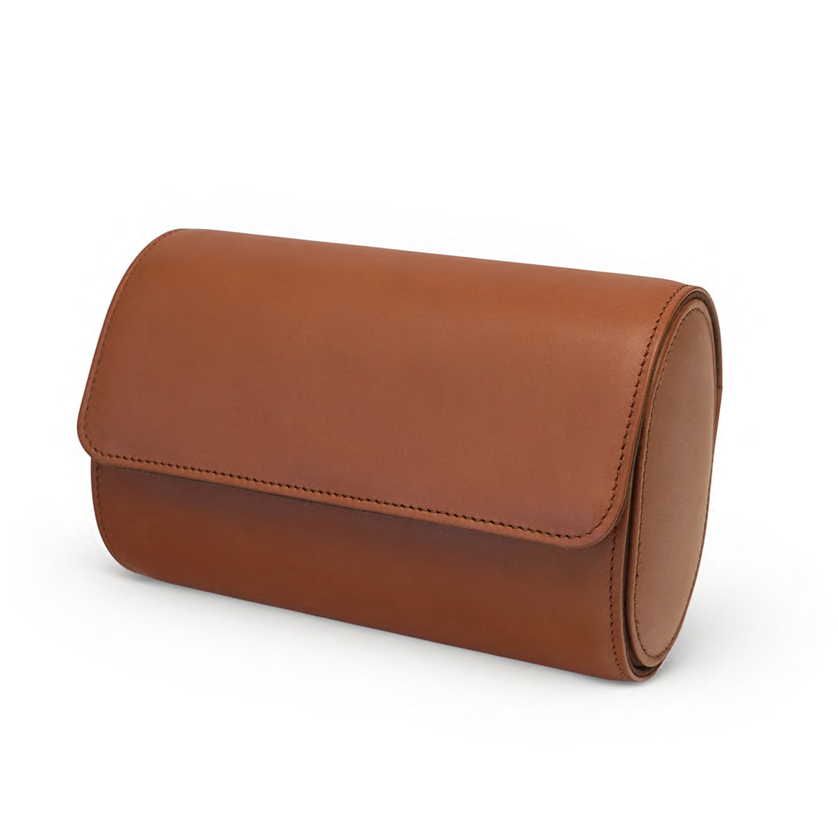 Closed Hiram Beron brown leather watch roll for two watches, studio shot on a clean white background