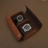 Open 2-slot leather watch roll with Patek Philippe and Audemars Piguet watches inside, coffee microfiber lining