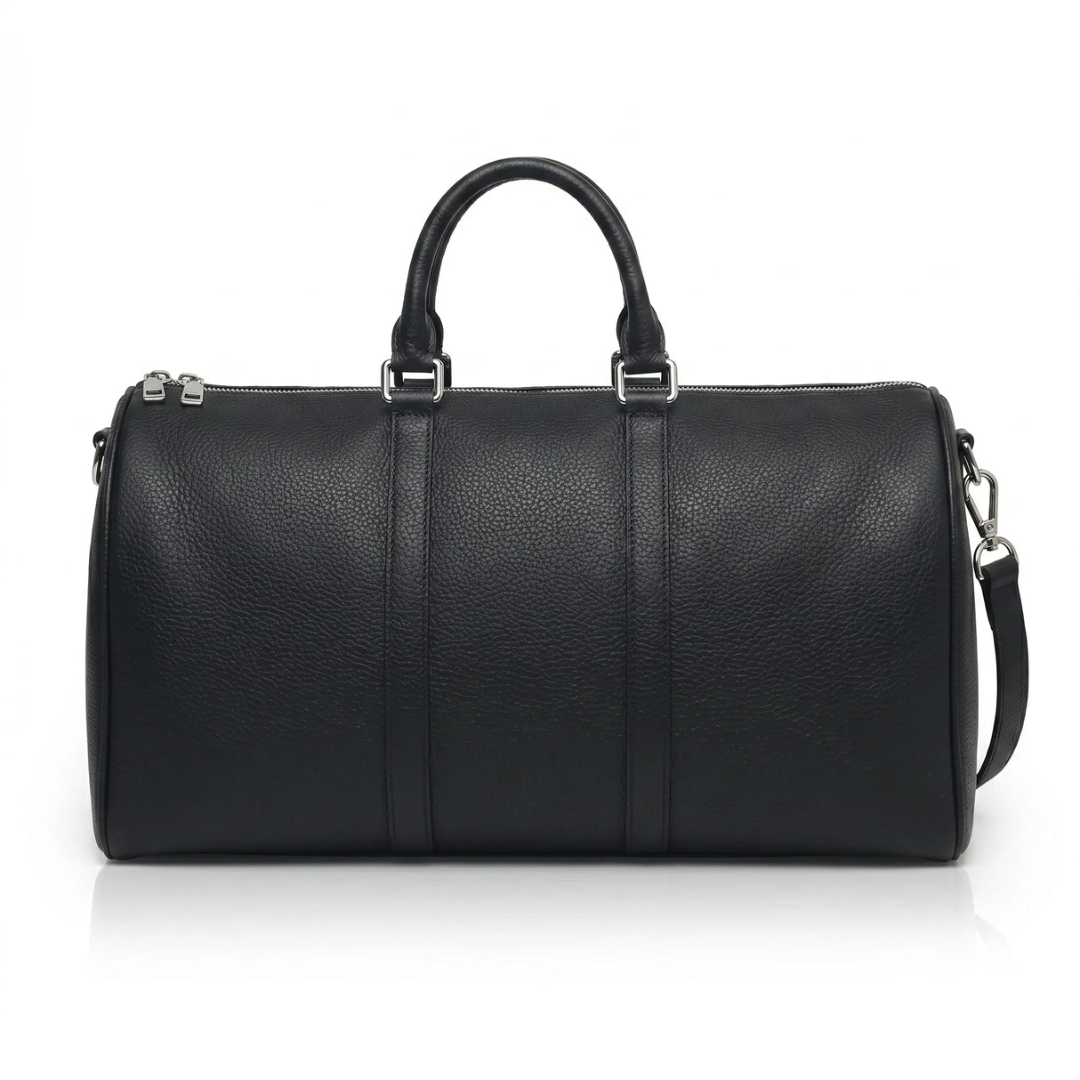 Black leather holdall on a white background