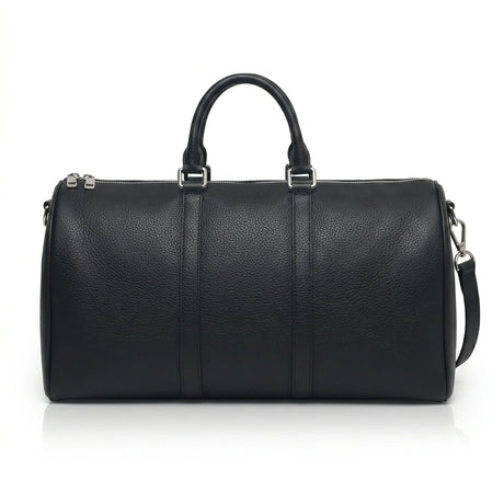 Black leather holdall on a white background