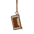 Brown and beige striped pouch with a strap on a white background