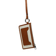 Brown and plain beige card case with a strap on a white background
