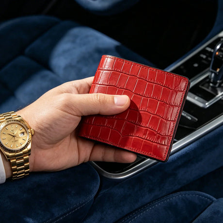 Hand holding a red crocodile-patterned wallet with a gold watch, inside a car.