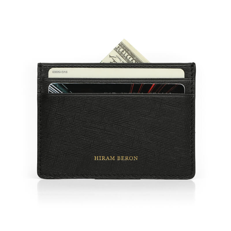 front view of Italian saffiano leather card holder with credit cards inside for private label branding, HIRAM BERON leather goods factory.