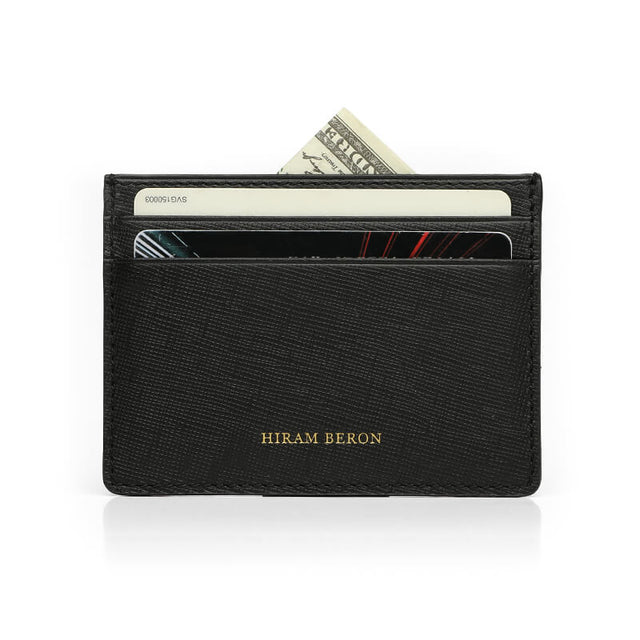 front view of Italian saffiano leather card holder with credit cards inside for private label branding, HIRAM BERON leather goods factory.