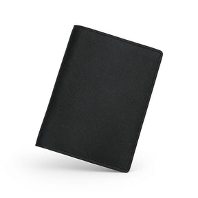 Close-up of saffiano pattern leather on the black passport front part from Hiram Beron