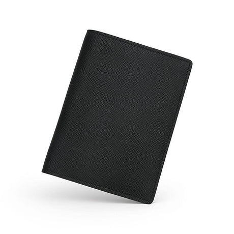 Close-up of saffiano pattern leather on the black passport front part from Hiram Beron