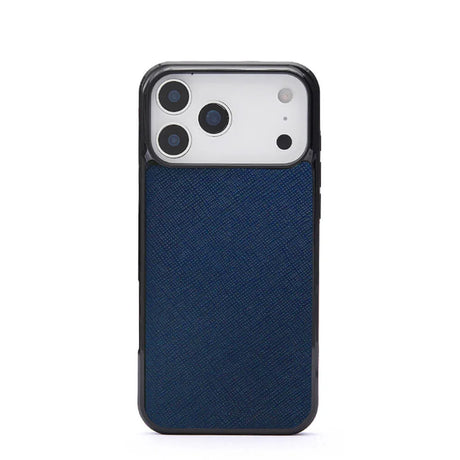 blue saffiano leather iphone 17 pro case with white background