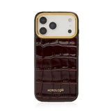 burgundy Italian calfskin crocodile pattern phone case for iPhone 17 Pro with white background