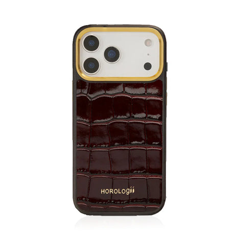 burgundy Italian calfskin crocodile pattern phone case for iPhone 17 Pro with white background