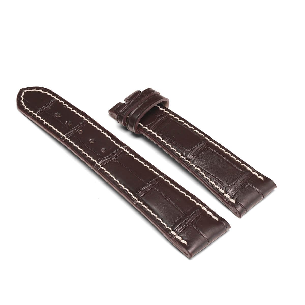 Coffee Brown French HCP alligator watch strap with contrasting beige white hand saddle stitching  