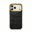 Luxury black crocodile texture leather iPhone case with gold camera trim, premium phone protection