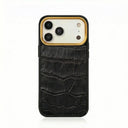 Luxury black crocodile texture leather iPhone case with gold camera trim, premium phone protection