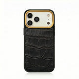 Luxury black crocodile texture leather iPhone case with gold camera trim, premium phone protection