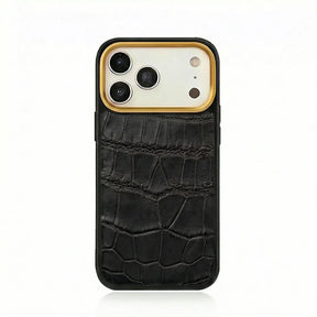Luxury black crocodile texture leather iPhone case with gold camera trim, premium phone protection