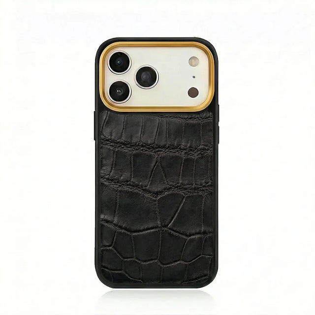 Luxury black crocodile texture leather iPhone case with gold camera trim, premium phone protection