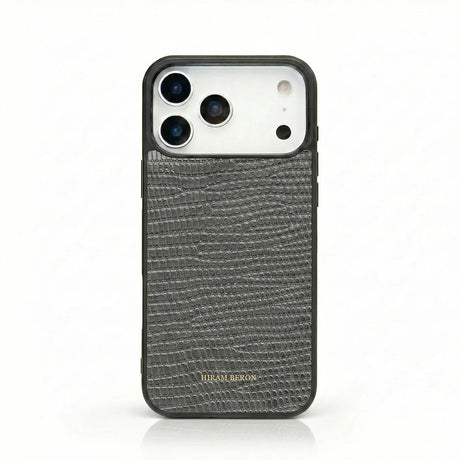 grey lizard pattern iphone case with brand name "HIRAM BERON" on it