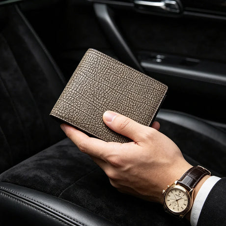 Hand holding a pebble grey wallet with a watch on a car seat background