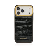 Glossy Black Italian Calfskin Crocodile Pattern iPhone 17 Pro case with white background