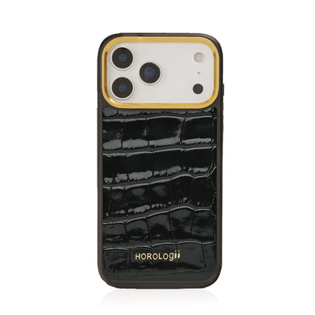 Glossy Black Italian Calfskin Crocodile Pattern iPhone 17 Pro case with white background