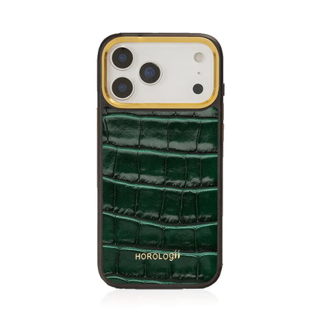 Green Italian Calfskin embossed crocodile pattern iphone 17 pro case with white background