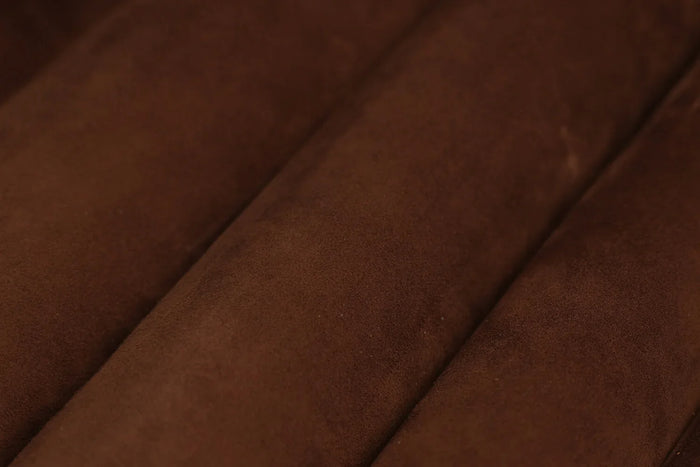 High-grade Chinese suede goatskin, this top-grain suede is notably light and slim,ideal for luxury bags, premium jewelry boxes, and lining for delicate accessories where reduced bulk and maximum haptic comfort are prioritized - Hiram Beron Boutique Leather Sourcing.