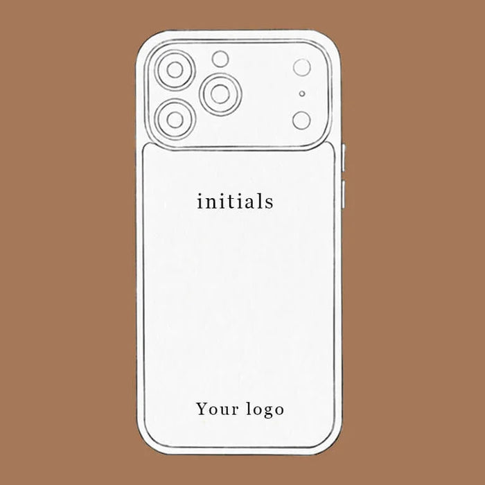 Technical diagram showing standard logo and custom name placement options for leather iPhone cases - Hiram Beron Branded Dropshipping