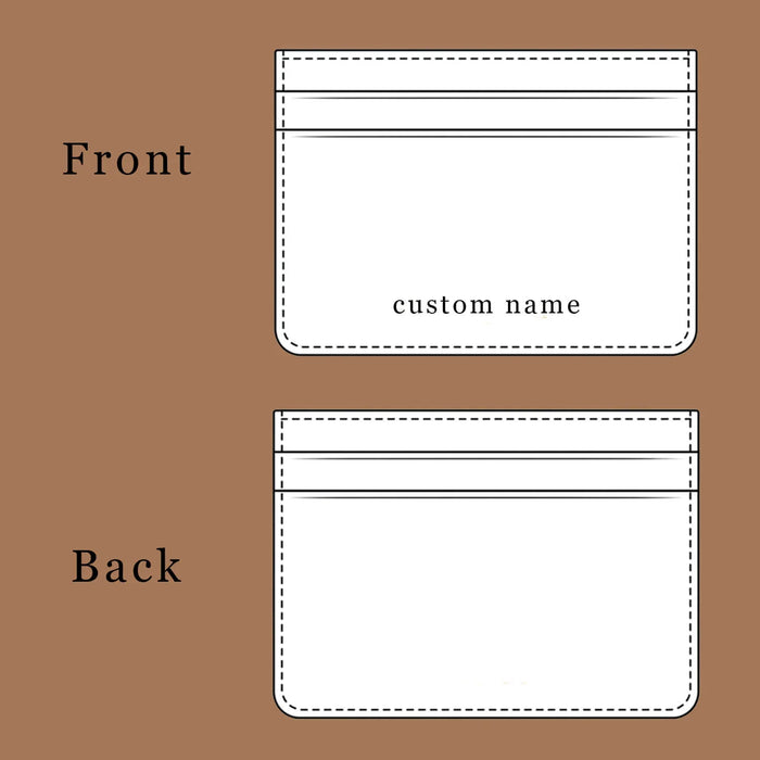 Standardized positioning for custom name on leather card holders and wallets - Hiram Beron Factory