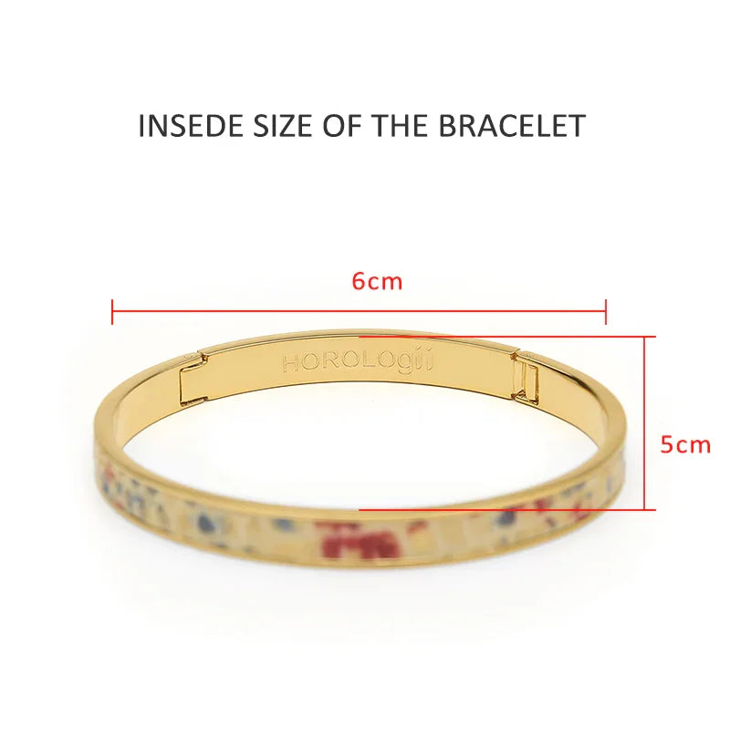 Gold bangle bracelet with floral enamel design, 6cm x 5cm inside dimensions, Horologii engraving