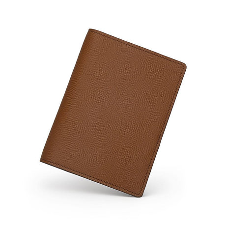 Full view of luxury light brown saffiano passport wallet for private label branding at HIRAM BERON leather atelier.