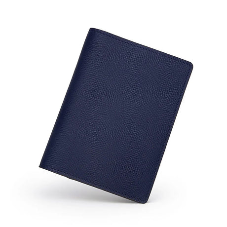 Full view of navy blue premium saffiano passport wallet for private label branding at HIRAM BERON leather goods factory.