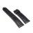  Front view of a premium navy French HCP crocodile leather watch strap with elegant bamboo scale pattern and traditional hand-stitched saddle stitching.