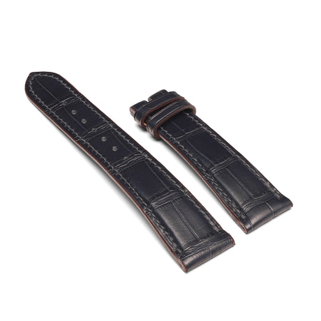  Front view of a premium navy French HCP crocodile leather watch strap with elegant bamboo scale pattern and traditional hand-stitched saddle stitching.