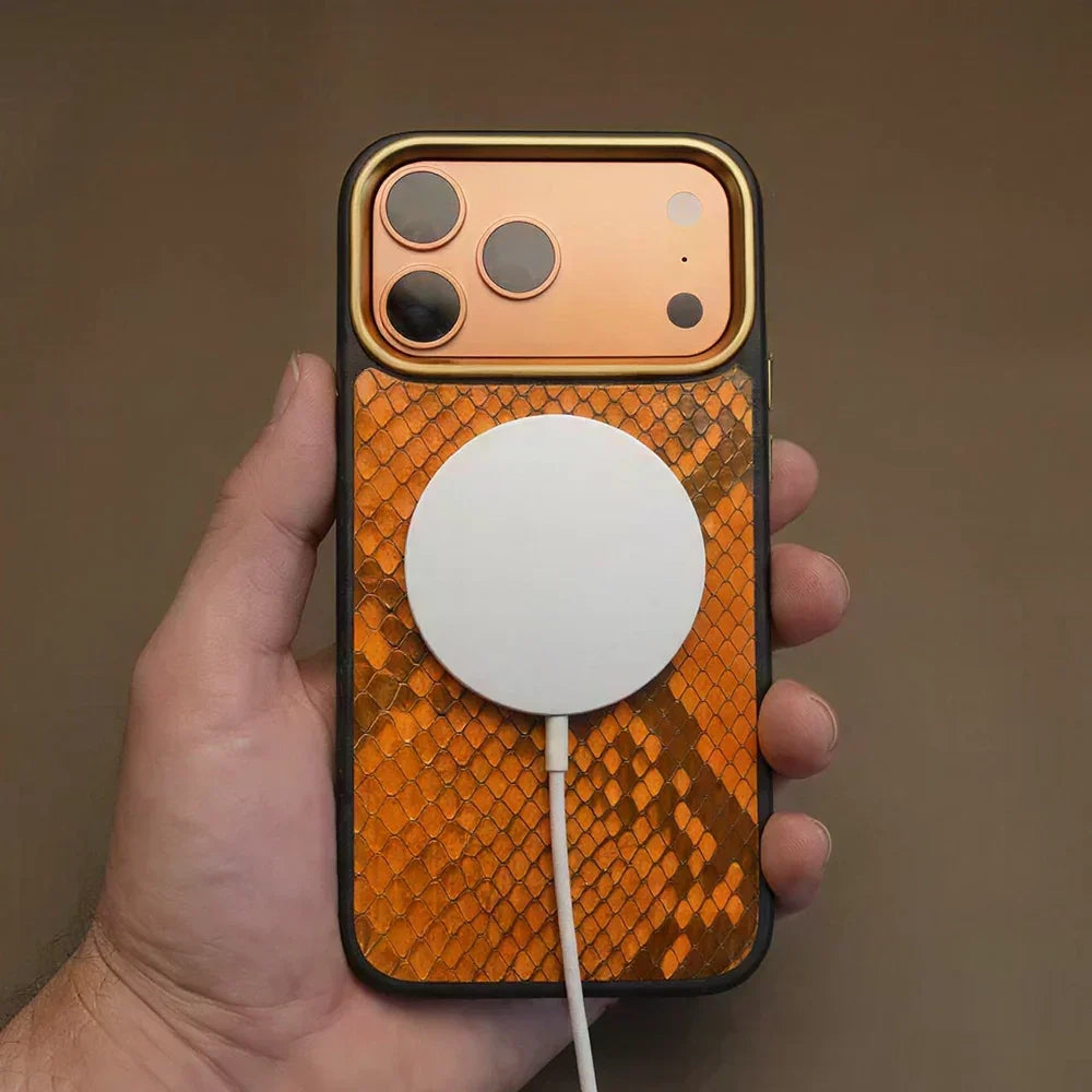 Detail shot of MagSafe Orange iPhone 17 Pro case interior with microfiber lining 