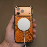 Detail shot of MagSafe Orange iPhone 17 Pro case interior with microfiber lining 