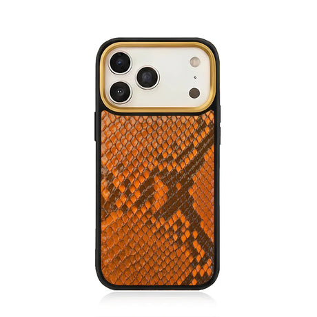premium orange python skin iphone 17 pro case with gold camera ring