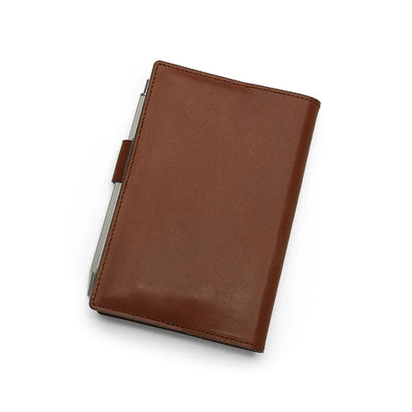 the back of the brown leather notebook cover