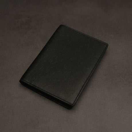 Full view of saffiano leather passport wallet front look for private label branding, HIRAM BERON leather goods factory.